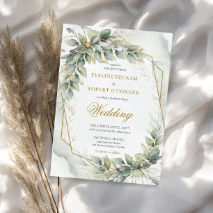 Delicate green eucalyptus and gold wedding invitation