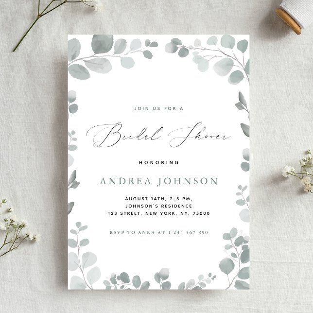 Delicate Green Eucalyptus Leaves Bridal Shower Invitation (Creator Uploaded)