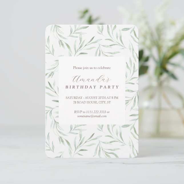 Delicate green foliage birthday invitation (Standing Front)