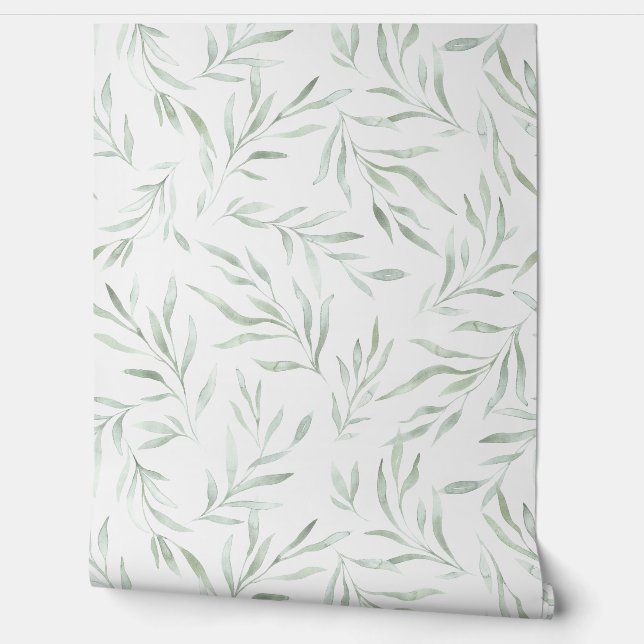 Delicate green foliage grey green wallpaper (Unrolling)