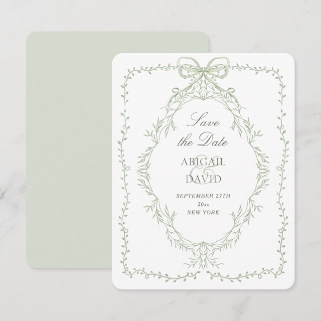 Delicate Green Frame Bow Save The Date Card (Front/Back)
