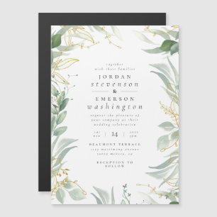 Delicate Green Leaves & Gold Branches Wedding Magnetic Invitation