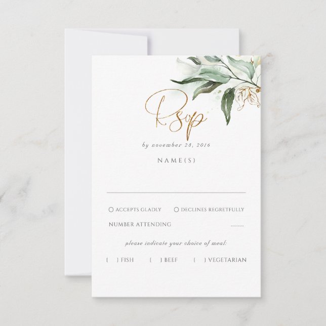 Delicate Greenery and Gold Leaves Wedding RSVP Card (Front)