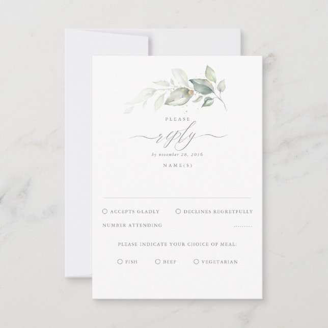 Delicate Greenery and Gold Wedding RSVP (Front)