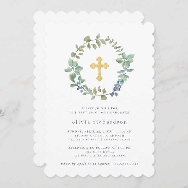 Delicate Greenery | Faux Gold Cross Baptism Invitation (Front/Back)