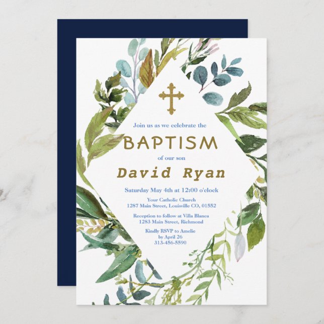 Delicate Greenery Frame Geometric Boy Baptism Invitation (Front/Back)