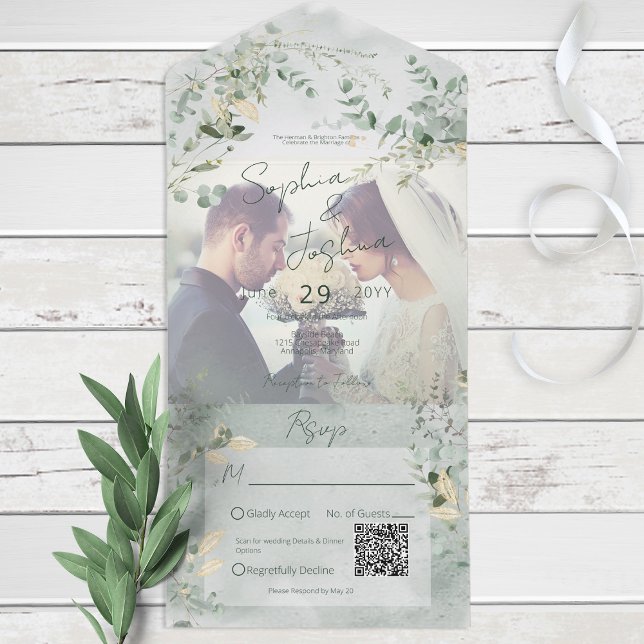 Delicate Greenery Modern Photo QR Code All In One Invitation (Creator Uploaded)