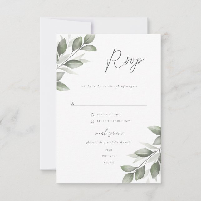 Delicate Greenery Rsvp with menu options (Front)