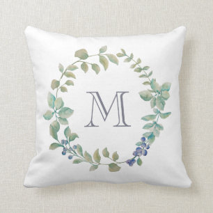 Delicate Greenery Watercolor Wreath and Monogram Cushion