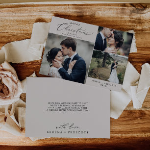 Delicate Greige Marry Christmas Wedding Thank You Holiday Card