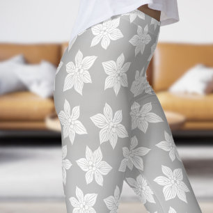 Delicate Grey Floral Bloom Pattern Leggings