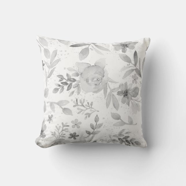 Delicate Grey Watercolor Floral Pillow (Front)