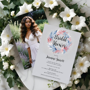 Delicate Grey Wreath Flowers Feathers & Leaves Invitation