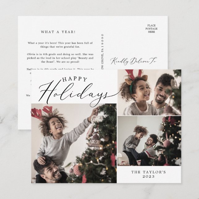 Delicate Happy Holidays 3 Photo Family Newsletter Holiday Postcard (Front/Back)
