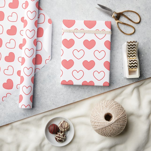 Delicate Heart Shapes White Red Pattern Wrapping Paper (Crafts)