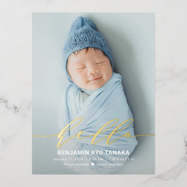 Delicate Hello Foil Birth Announcement Postcard (Front)