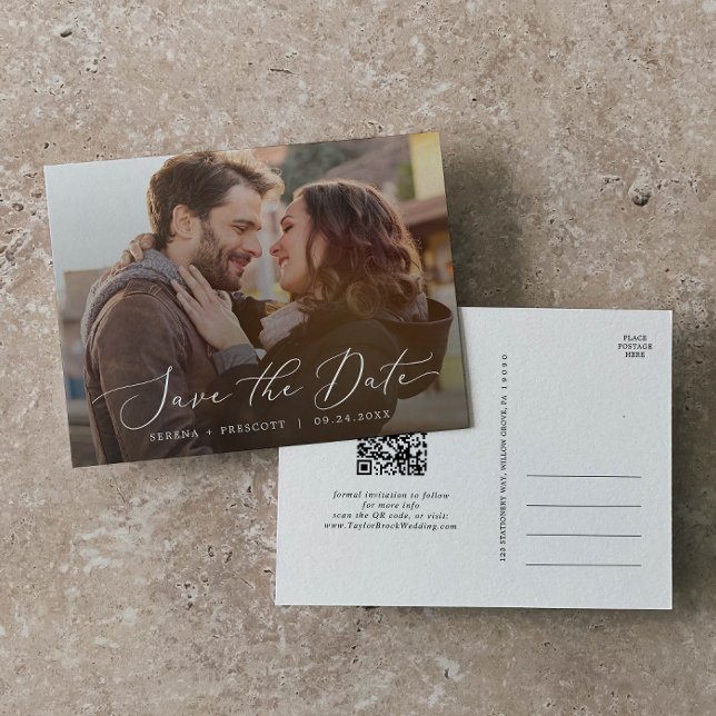 Delicate Horizontal Photo Overlay Save the Date Invitation Postcard (Creator Uploaded)