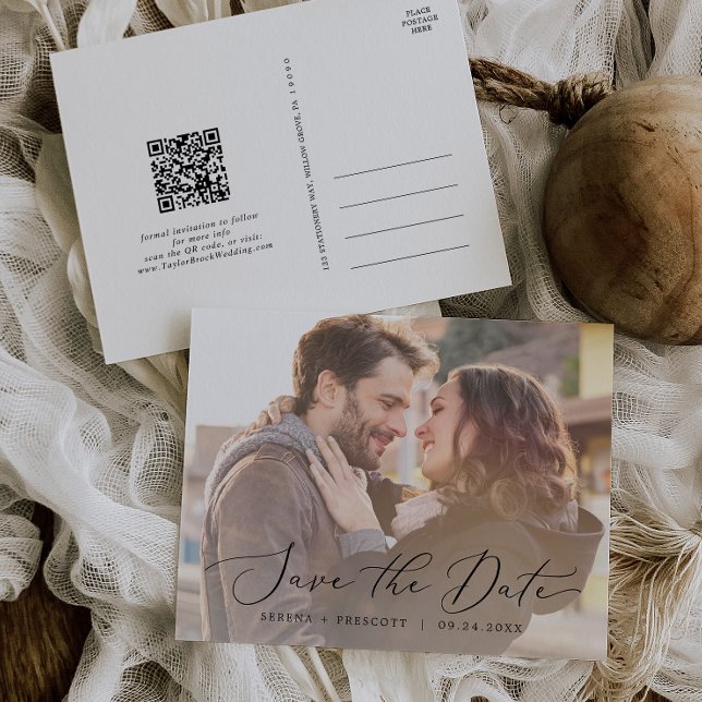 Delicate Horizontal Photo QR Code Save the Date Invitation Postcard (Creator Uploaded)