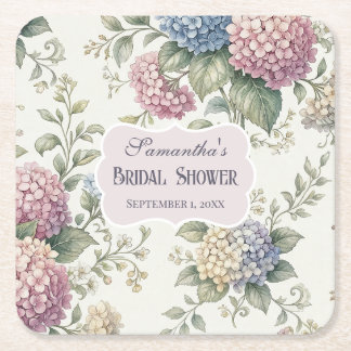 Delicate Hydrangea Flowers Bridal Shower Square Paper Coaster
