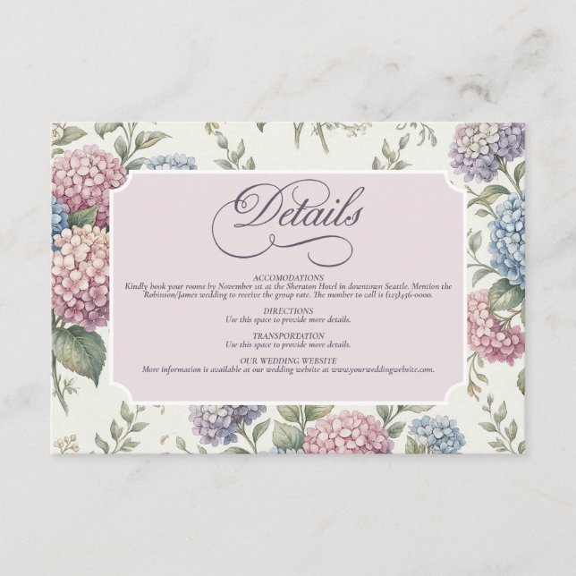 Delicate Hydrangea Flowers Wedding Enclosure Card (Front)