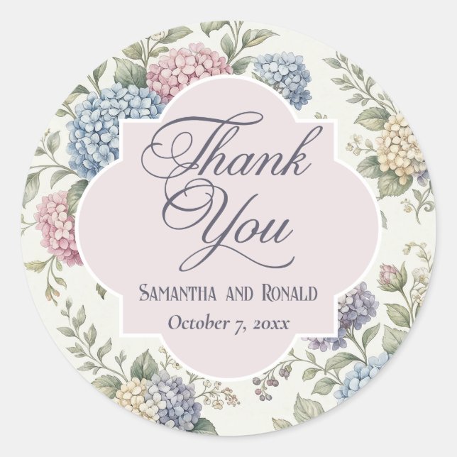 Delicate Hydrangea Flowers Wedding Thank You Classic Round Sticker (Front)