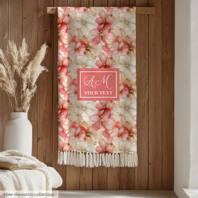 Delicate Ink Blush Pink Gold Floral Chic Monogram Fleece Blanket (Delicate Ink Blush Pink Gold Floral Chic Monogram Fleece Blanket)