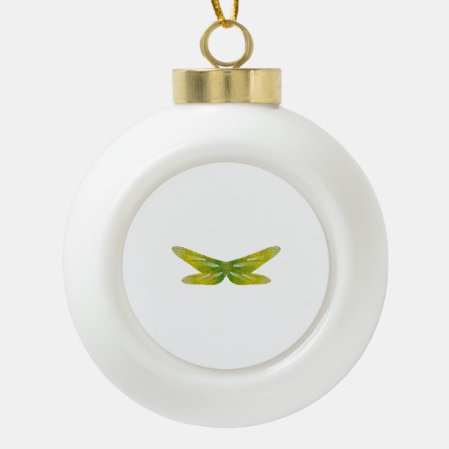delicate iridescent emerald dragonfly wings ceramic ball christmas ornament (Front)