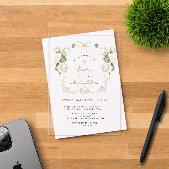 Delicate Ivory Roses Frame Baptism Acrylic Invitations (Insitu (Invitation Card))