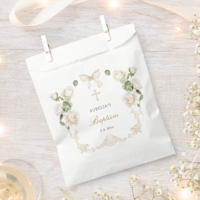 Delicate Ivory Roses Frame Baptism Favour Bag (Clipped)