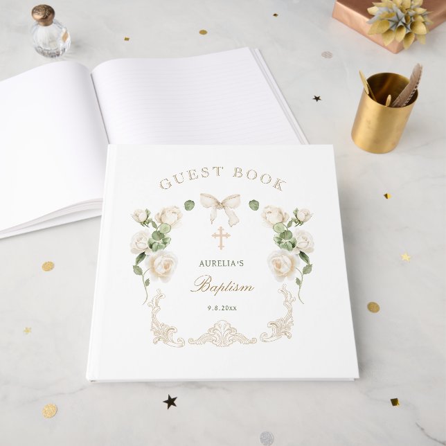 Delicate Ivory Roses Frame Baptism Guest Book (Front Open)
