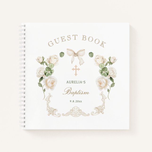 Delicate Ivory Roses Frame Baptism Guest Book (Front)