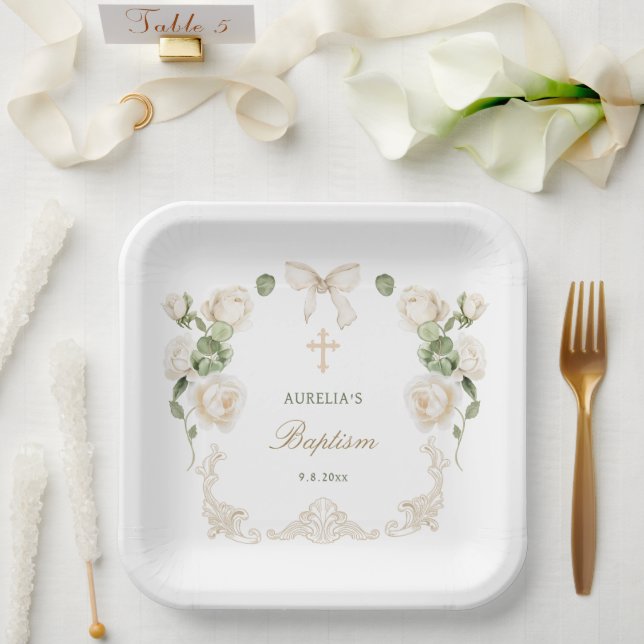 Delicate Ivory Roses Frame Baptism Paper Plate (Wedding)