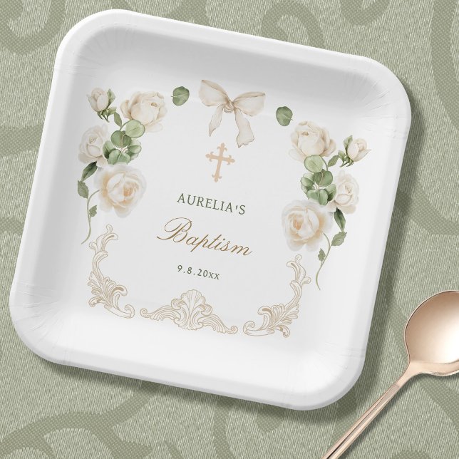 Delicate Ivory Roses Frame Baptism Paper Plate (Creator Uploaded)
