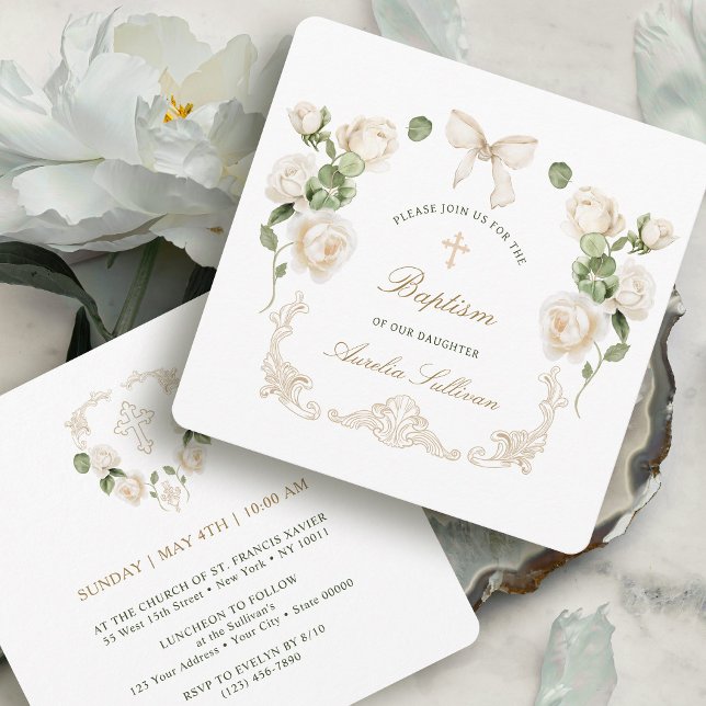 Delicate Ivory Roses Frame Baptism Small Invitation (Creator Uploaded)