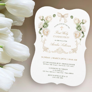 Delicate Ivory Roses Frame First Communion Invitation
