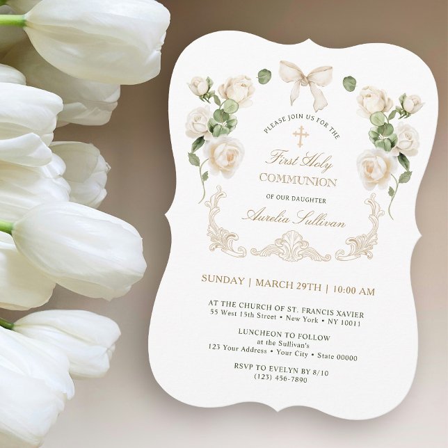 Delicate Ivory Roses Frame First Communion Invitation (Creator Uploaded)