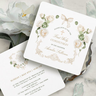 Delicate Ivory Roses Frame First Communion Small Invitation