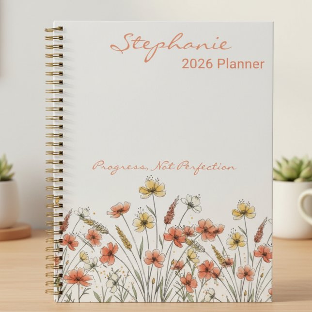 Delicate Ivory Wheat Field Bloom Planner (Ivory wildflower "Progress, Not Perfection" planner with name, a self-care essential)