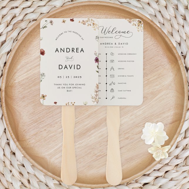 Delicate Ivory Wildflowers Script Wedding Timeline Hand Fan (Creator Uploaded)