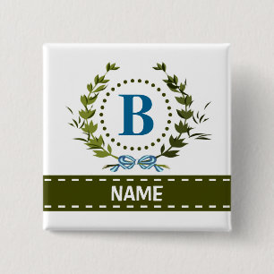 Delicate Ivy Wreath and Bow Name with Monogram B 15 Cm Square Badge