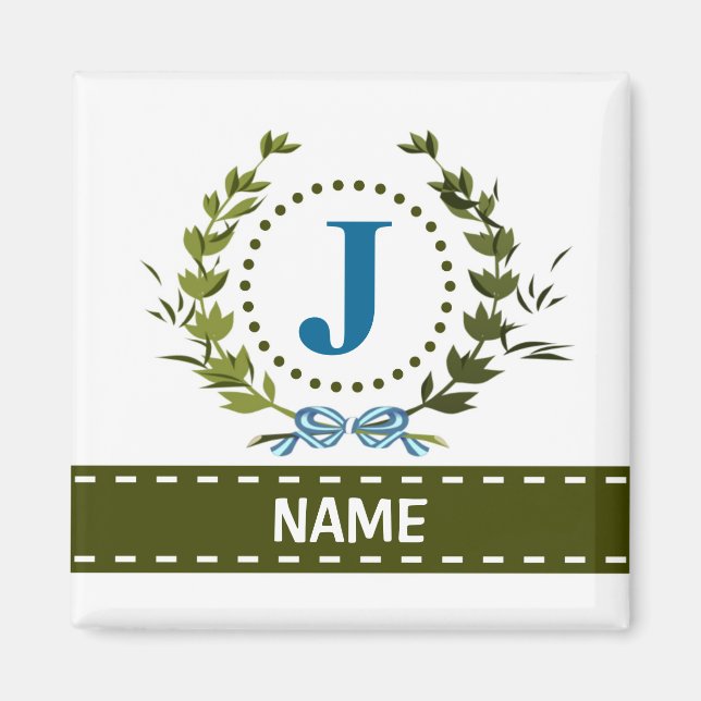 Delicate Ivy Wreath and Bow Name with Monogram J Magnet (Front)