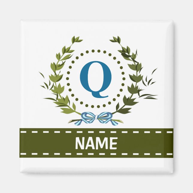 Delicate Ivy Wreath and Bow Name with Monogram Q Magnet (Front)