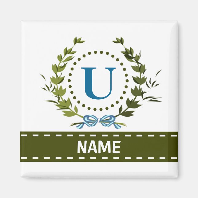 Delicate Ivy Wreath and Bow Name with Monogram U Magnet (Front)