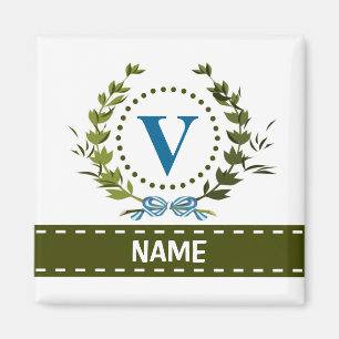 Delicate Ivy Wreath and Bow Name with Monogram V Magnet