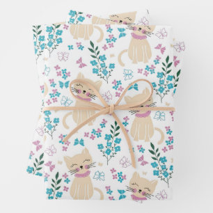 Delicate Kitten and Botanical Doodle Wrapping Paper Sheet