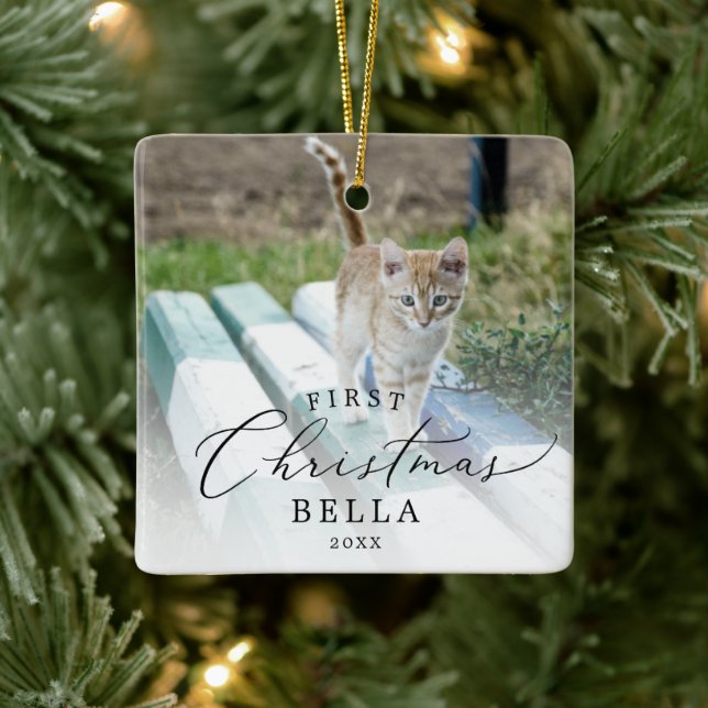Delicate Kitten's First Christmas Cat Photo Ceramic Ornament (Tree)