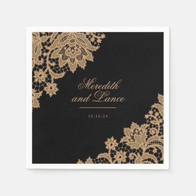 Delicate Lace Black and Gold Script Wedding Napkin (Front)