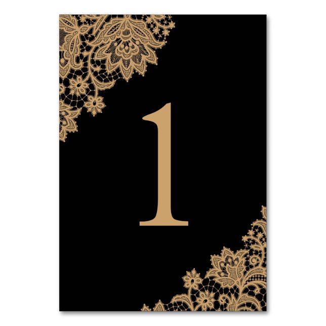 Delicate Lace Black and Gold Script Wedding Table Number (Front)