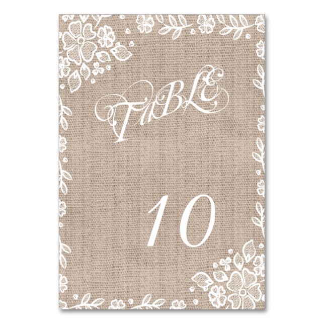 Delicate Lace Burlap Rustic Wedding Table Numbers (Front)