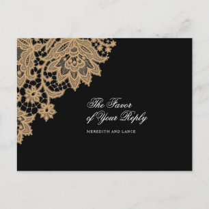 Delicate Lace Corner Black and Gold Wedding Reply Invitation Postcard